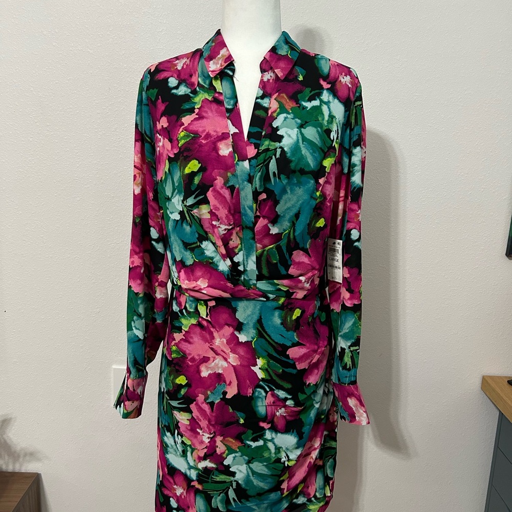 INC Faux Wrap Floral Dress NWT Long Sleeve Collared Large Pink And green